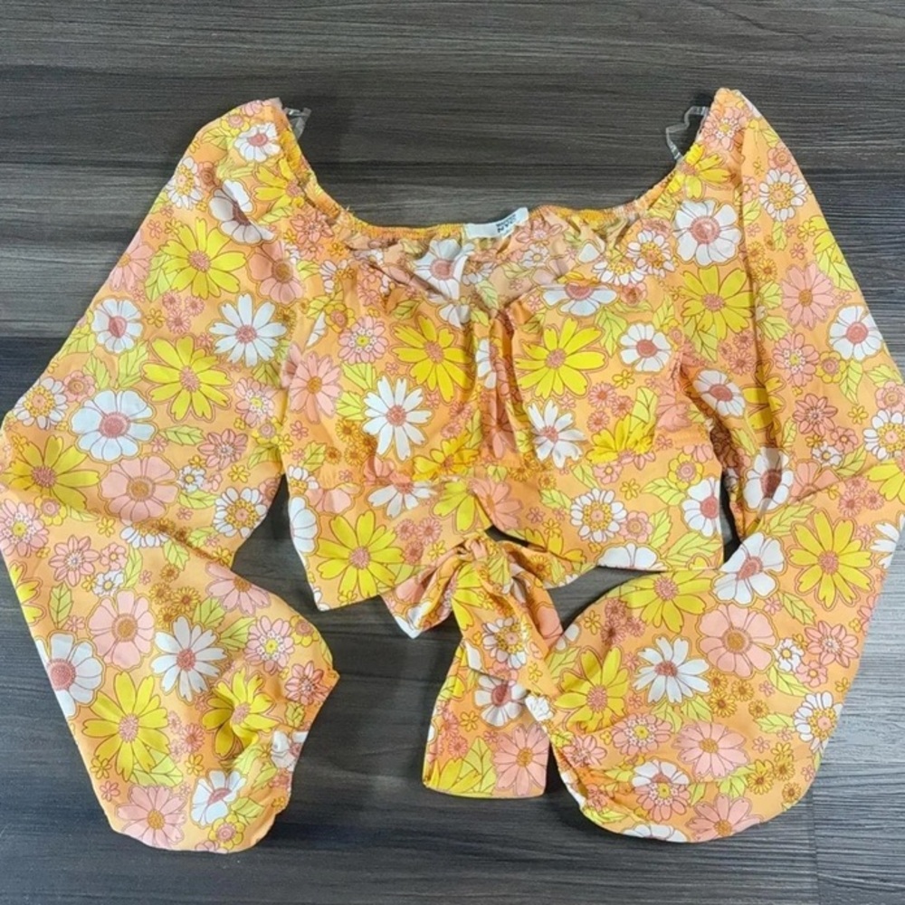 Floral Tie-Front Crop Top in Yellow and Pink